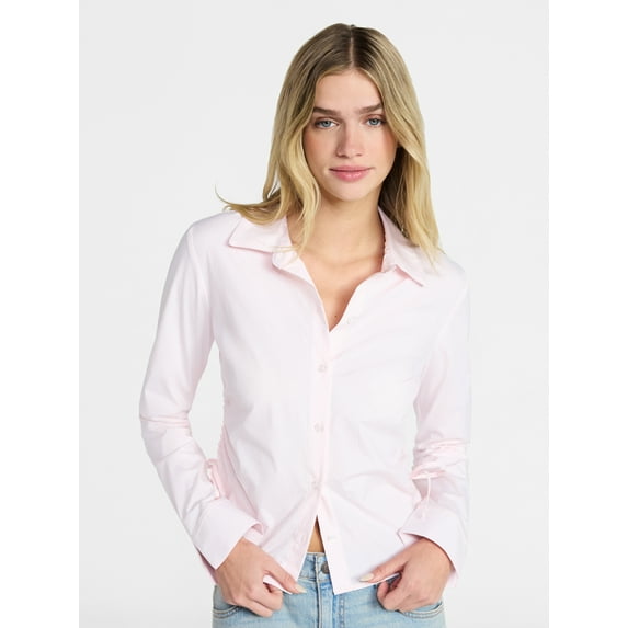 No Boundaries Side Ruched Button-Down Shirt, Women’s XXS-XXL