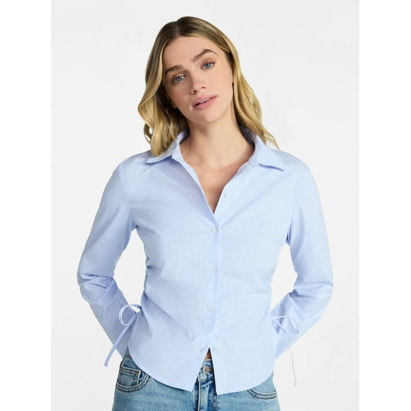 No Boundaries Side Ruched Button-Down Shirt, Women’s XXS-XXL