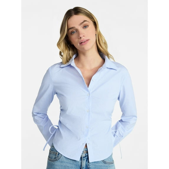 No Boundaries Side Ruched Button-Down Shirt, Women’s XXS-XXL