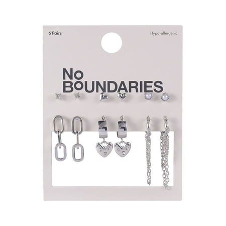 No Boundaries Silver-Tone Hearts Acrylic Faux Pearl Drops Multi Earrings Set, 6-Pairs, Women’s