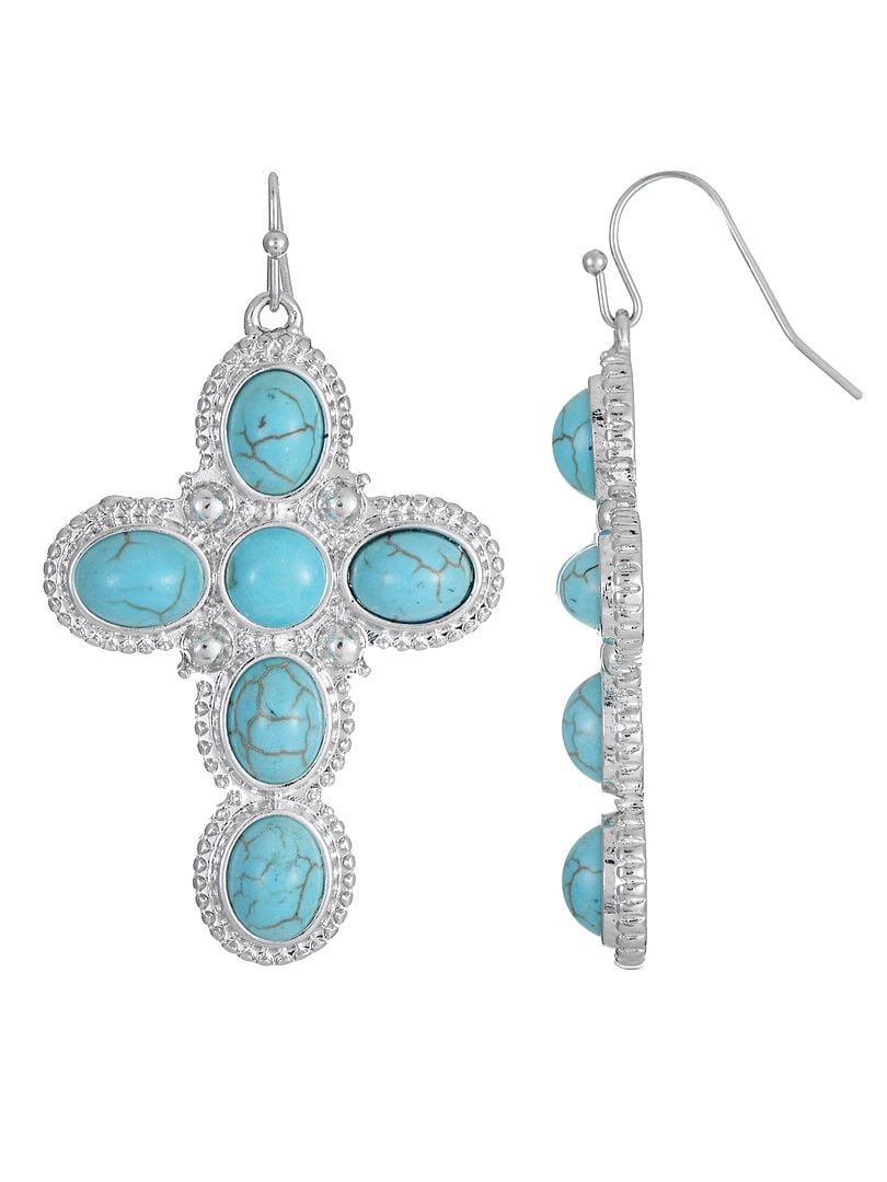 No Boundaries Silver-Tone and Simulated Turquoise Cross Earrings, Women’s