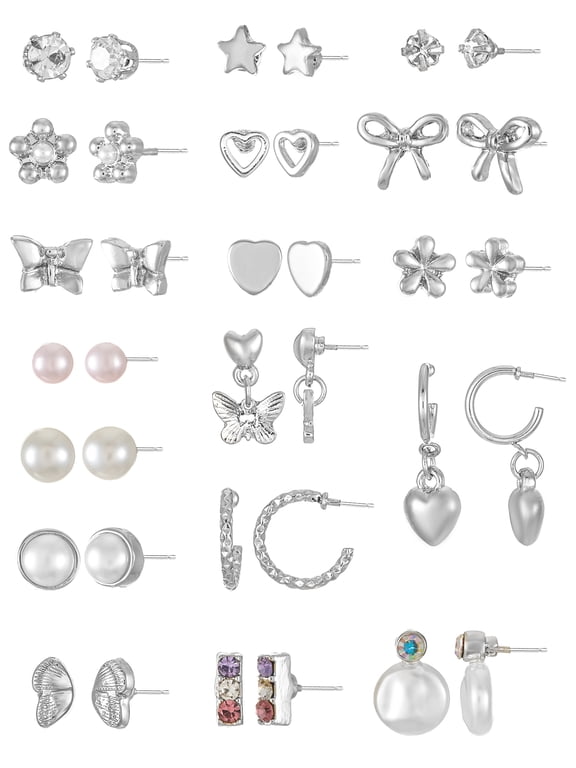 Post Earring Pack, Silver Tone, 18 Pairs
