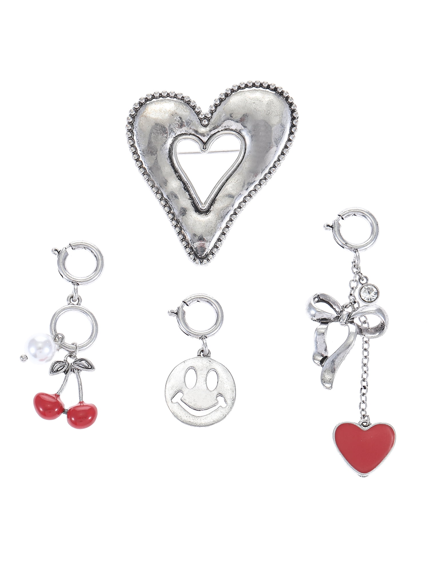 No Boundaries Silvertone Heart Pin and Charm Set, 4 Pieces