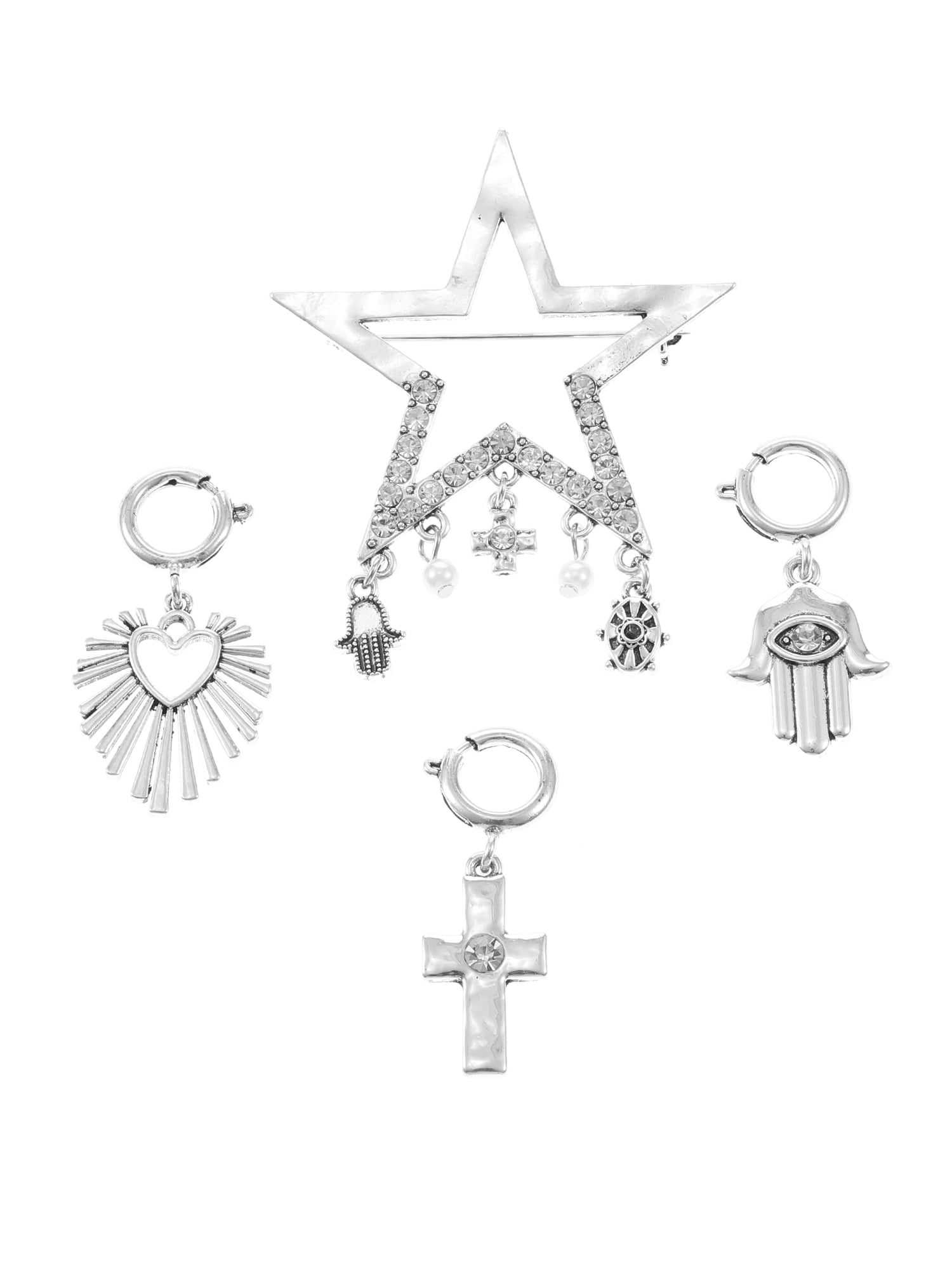 Silvertone Heart Pin and Charm Set, 4 Pieces