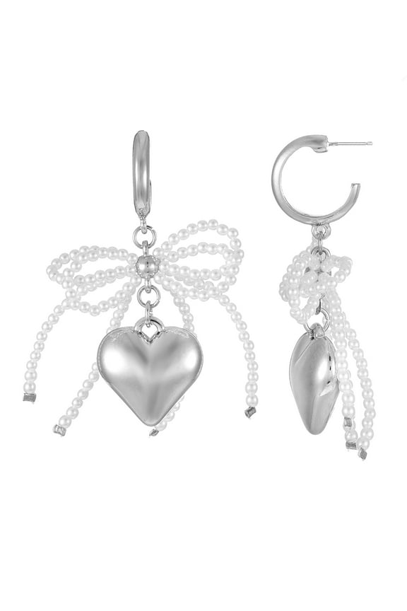 Silver-Tone Hoop Earrings with Heart and Bow Charms, 1-Pair, Womens
