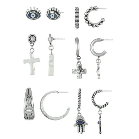 No Boundaries Silver-Tone Multi Earring Set with Studs and Mini Hoops, 6-Pack, Women's