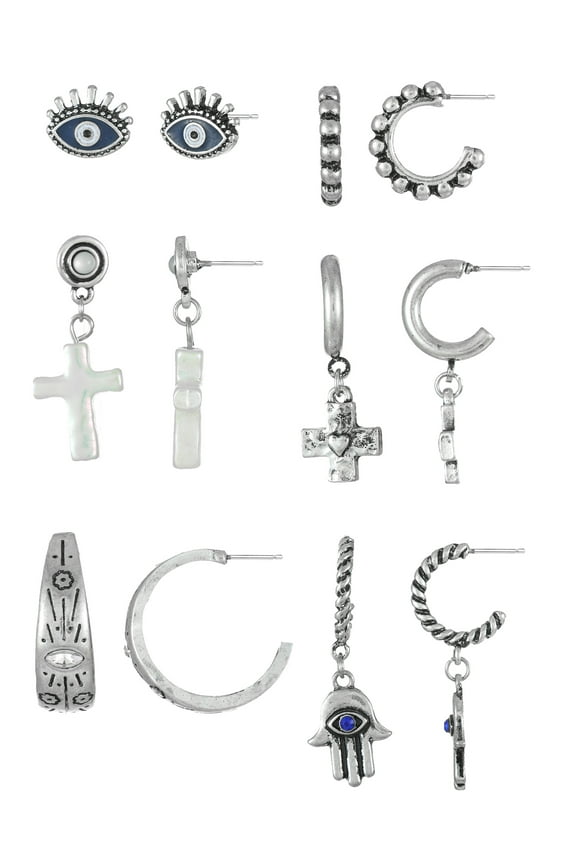 Silvertone Multi Earring Set with Studs and Mini Hoops, 6 Pairs