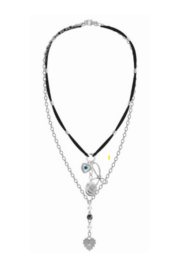 Silvertone Necklace Set, Black, 2 Pieces