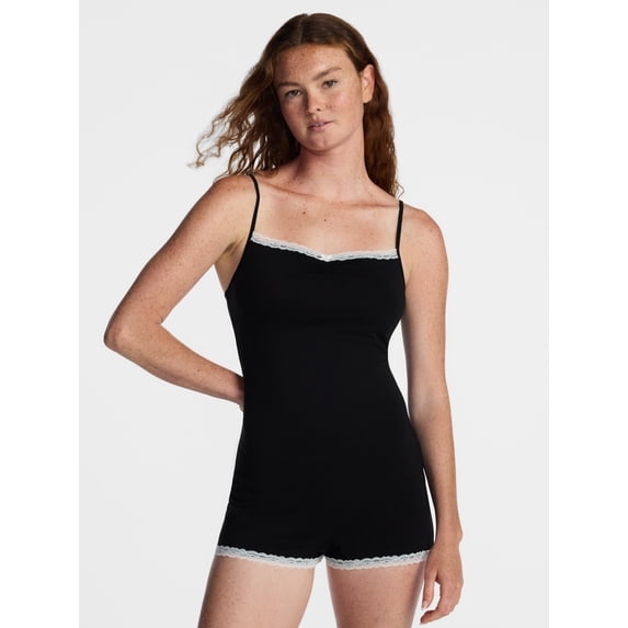 No Boundaries Women's Sleep Lace Romper, Black, XS