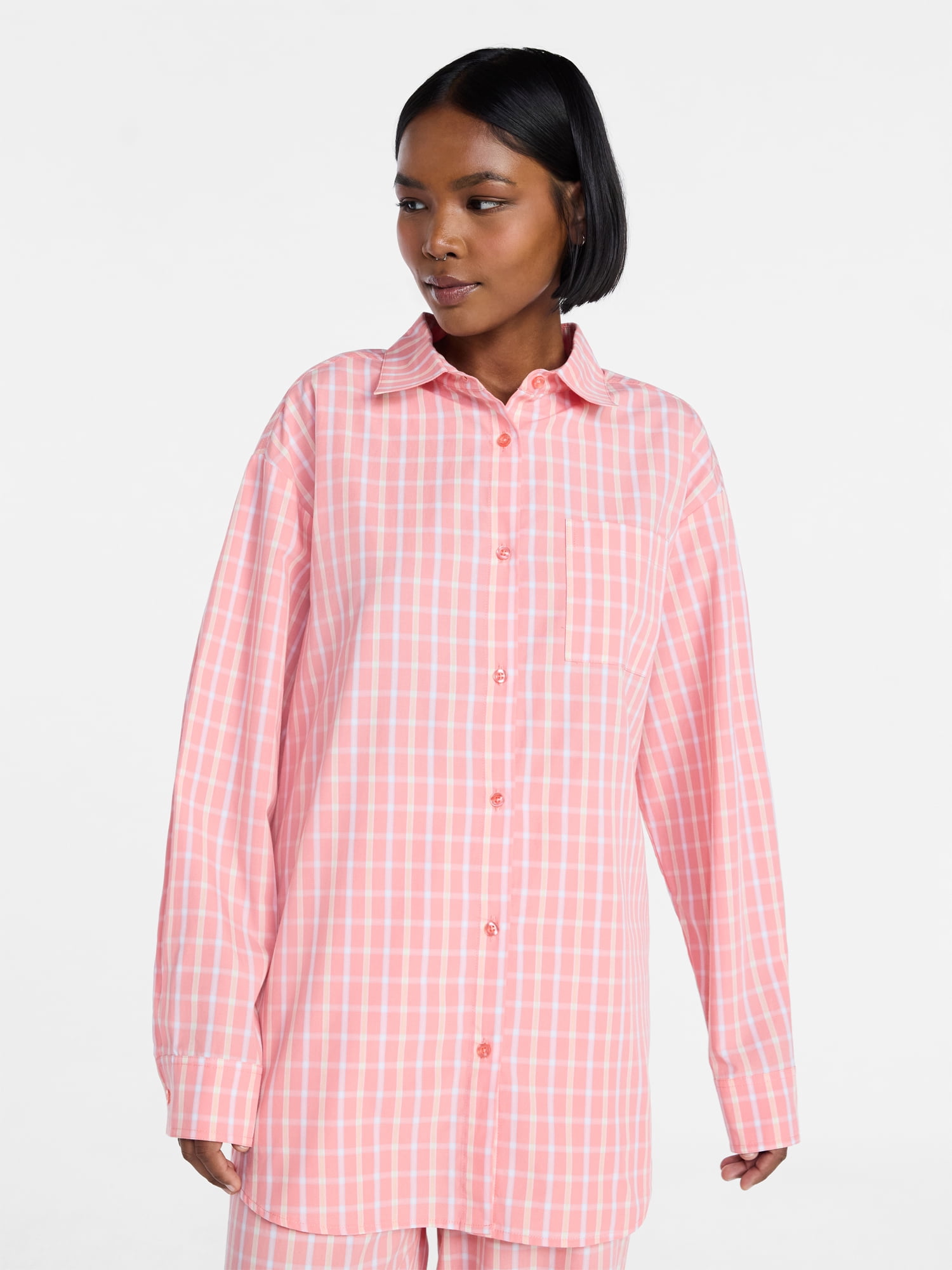 No Boundaries Sleepwear Button Shirt with Long Sleeves, Women's XS-XXL