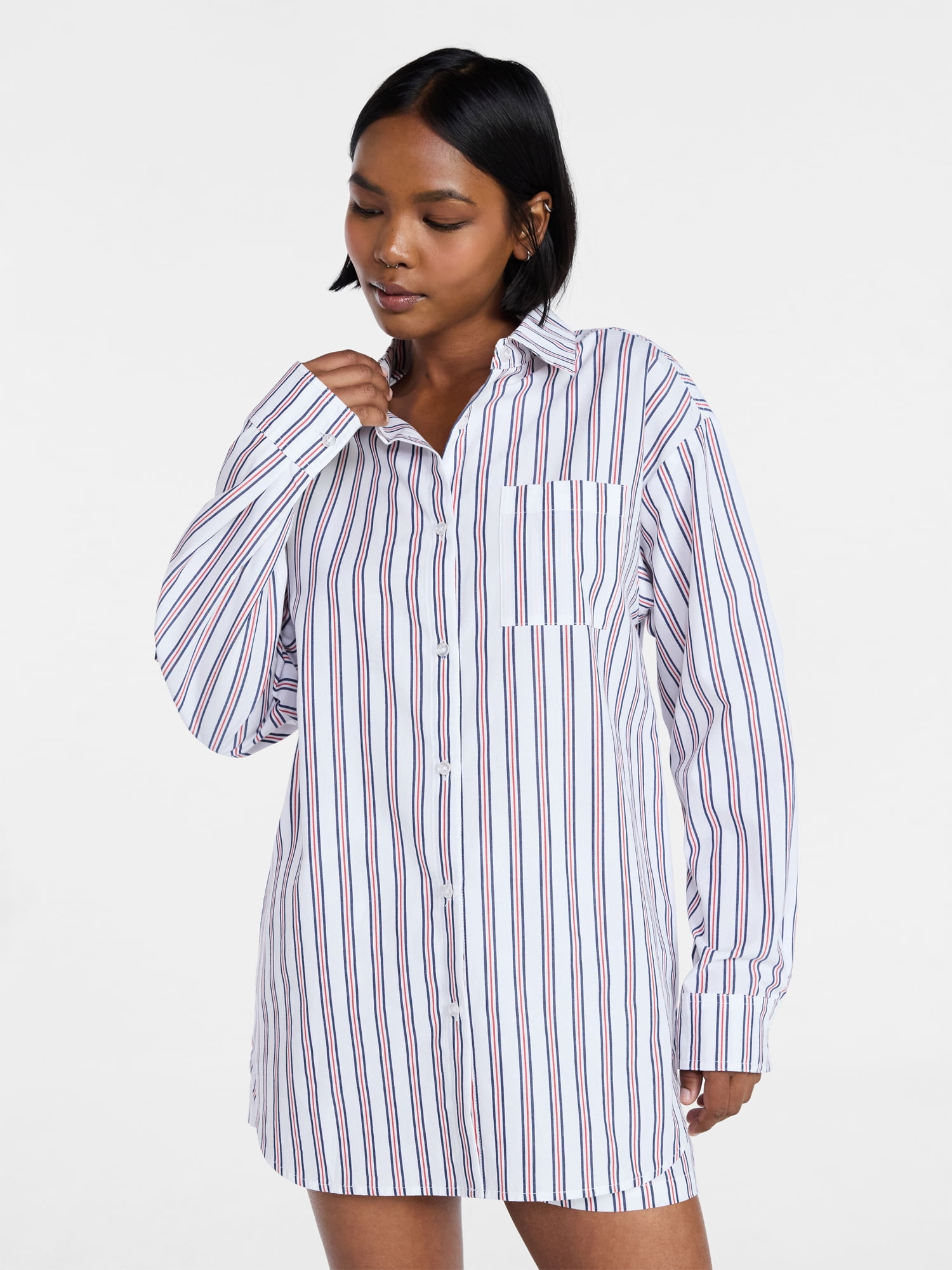 No Boundaries Sleepwear Button Shirt with Long Sleeves, Women's XS-XXL