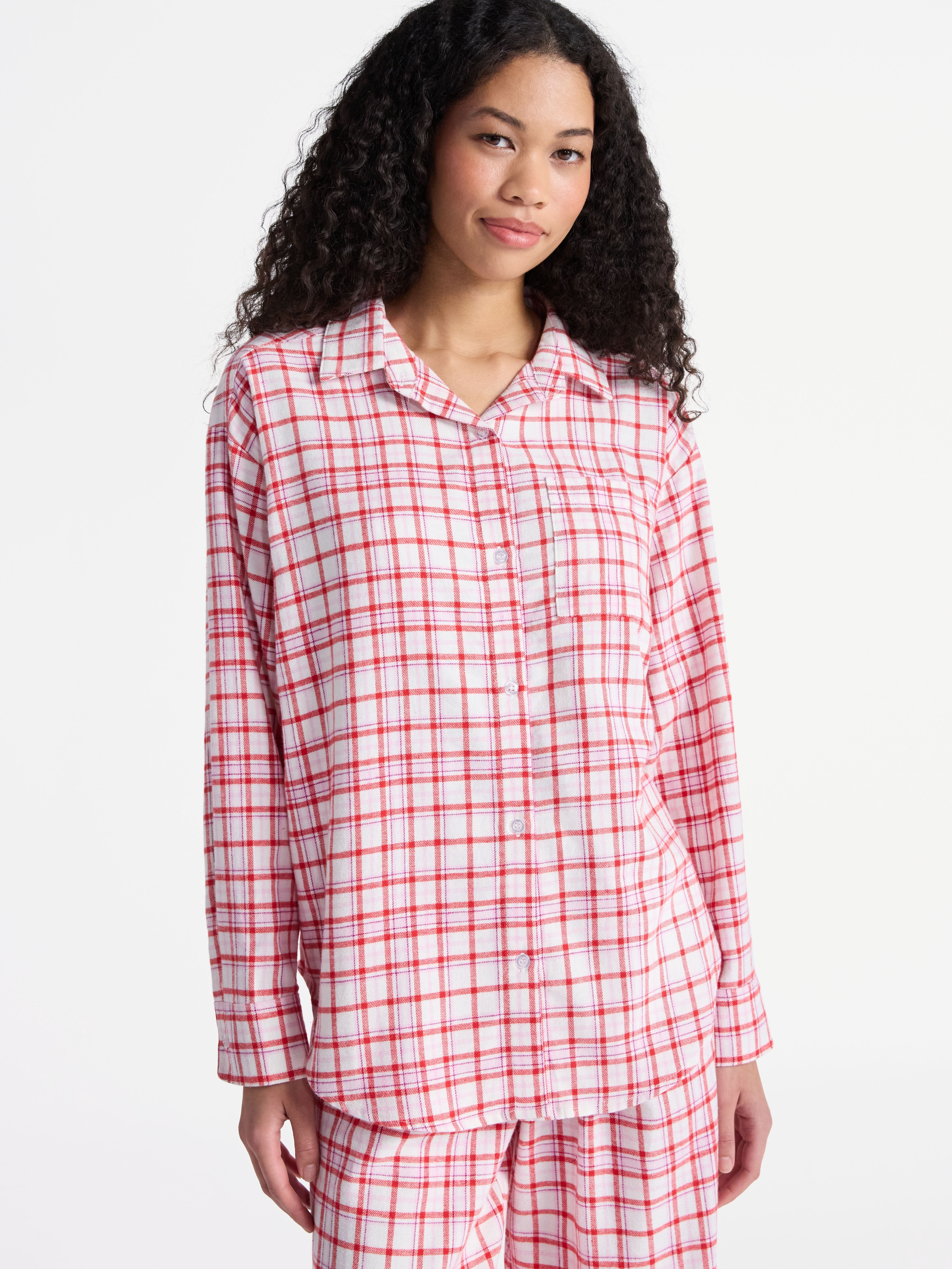 No Boundaries Sleepwear Cotton Flannel Button Down Shirt, Women’s
