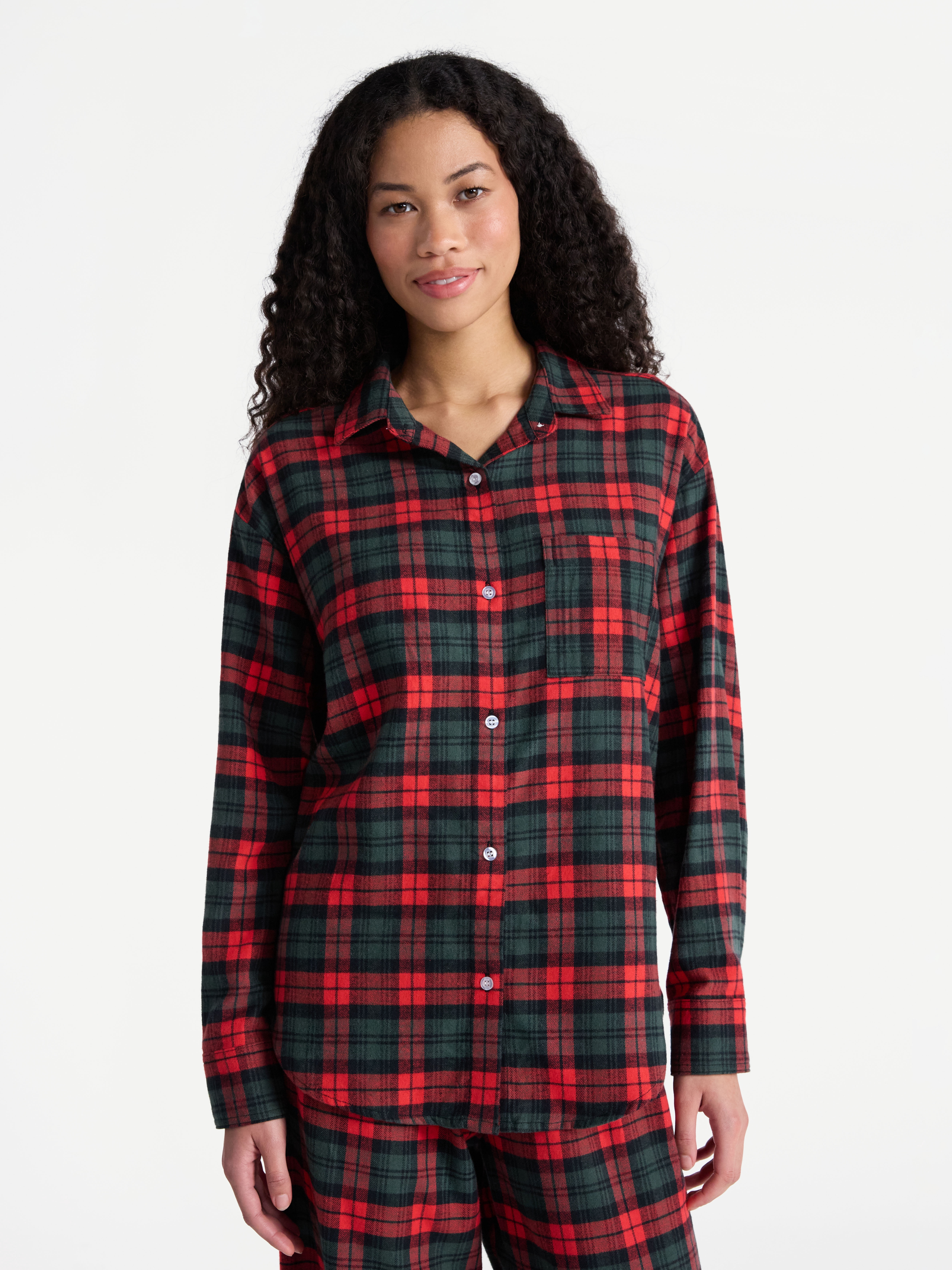 No Boundaries Sleepwear Cotton Flannel Button Down Shirt, Women’s