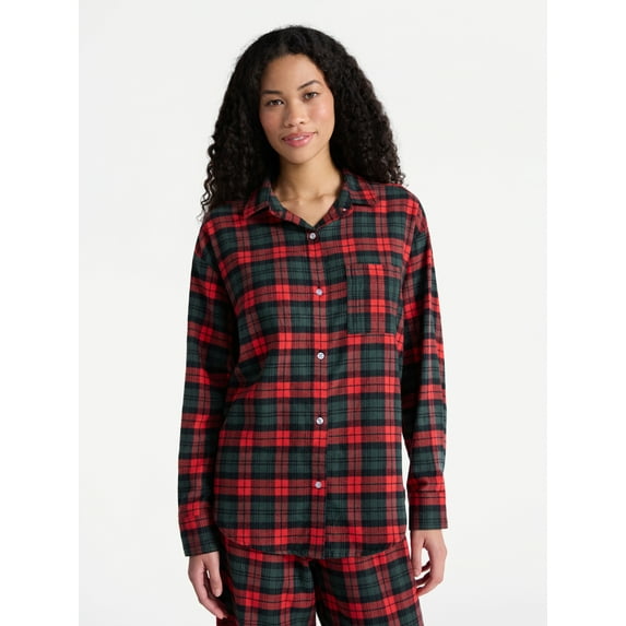 No Boundaries Sleepwear Cotton Flannel Button Down Shirt, Women’s