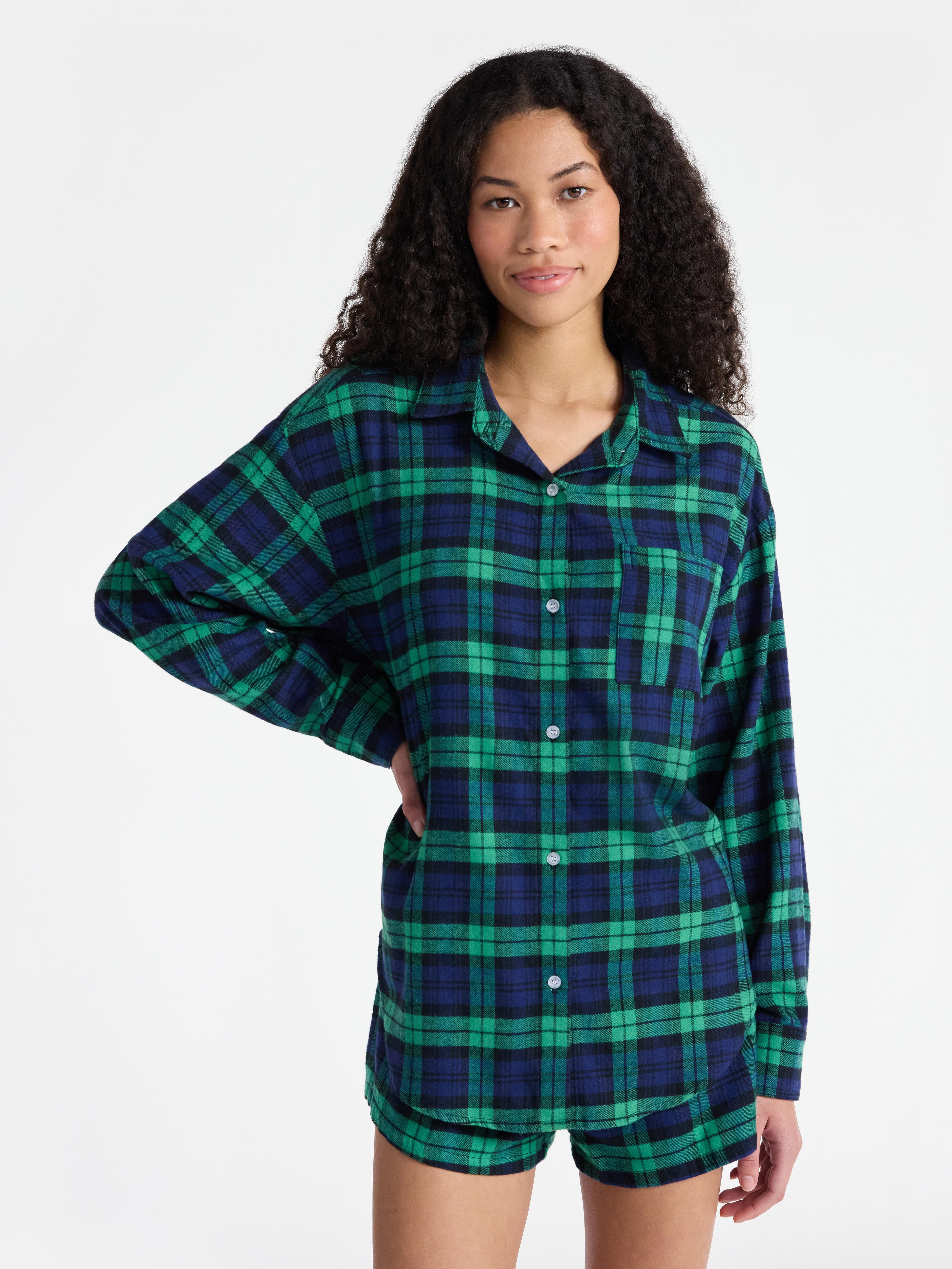 No Boundaries Sleepwear Cotton Flannel Button Down Shirt, Women’s ...