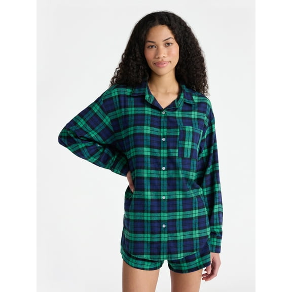 No Boundaries Sleepwear Cotton Flannel Button Down Shirt, Women’s