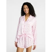 NO BOUNDARIES Sleepwear Satin Long Sleeve Button-Up Top and Shorts Set, 2-Piece, Women’s XS-XXL
