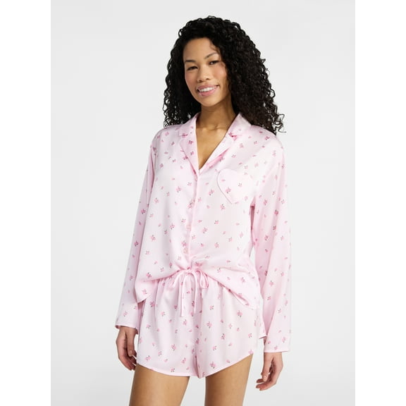 No Boundaries Sleepwear Satin Long Sleeve Button-Up Top and Shorts Set, 2-Piece, Women’s XS-XXL