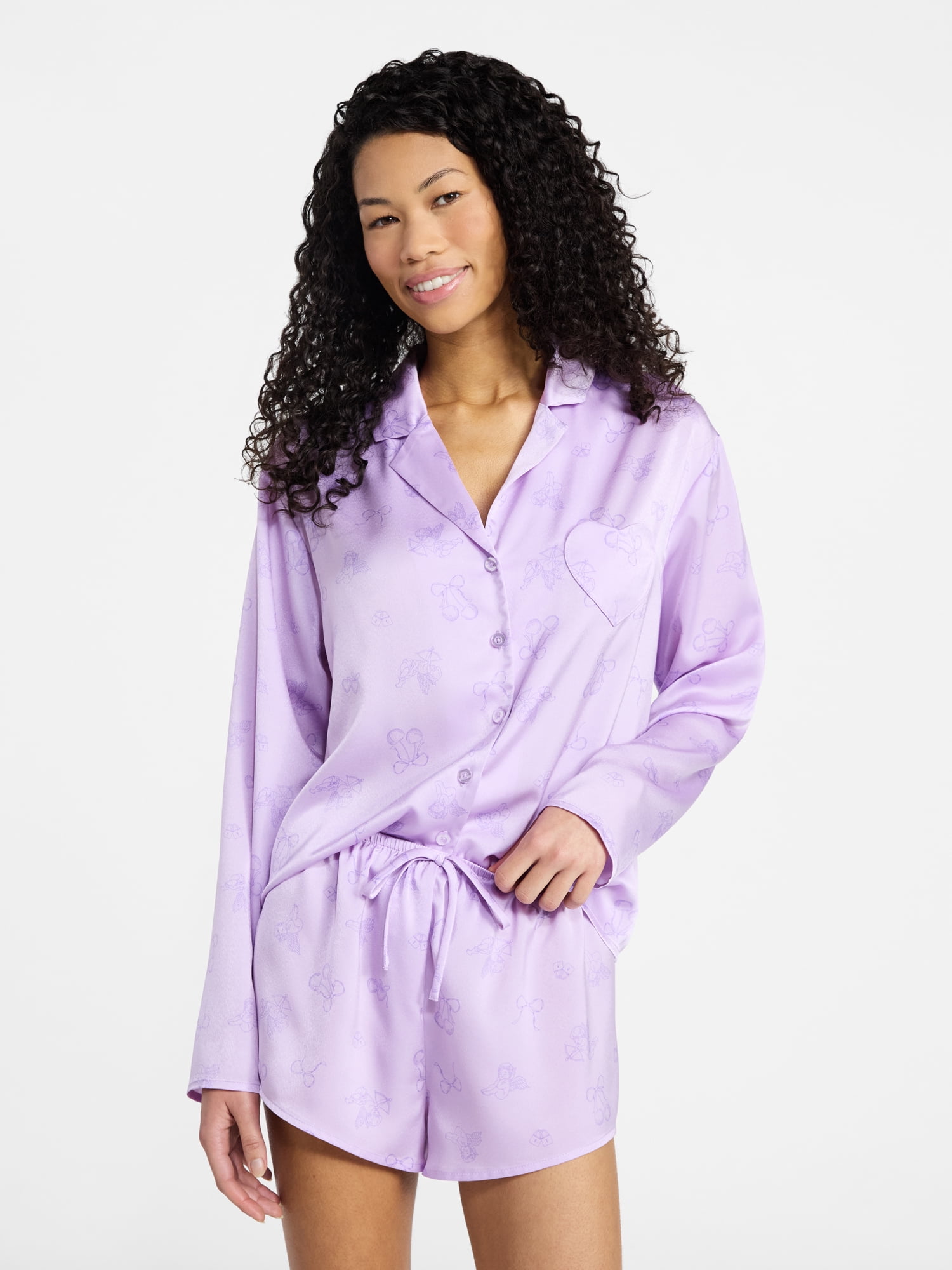 Sleepwear Satin Long Sleeve Button-Up Top and Shorts Set, 2-Piece, Women’s XS-XXL