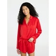 thumbnail image 1 of No Boundaries Sleepwear Satin Long Sleeve Button-Up Top and Shorts Set, 2-Piece, Women’s XS-XXL, 1 of 5