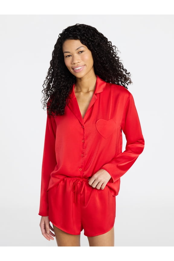 Sleepwear Satin Long Sleeve Button-Up Top and Shorts Set, 2-Piece, Women’s XS-XXL