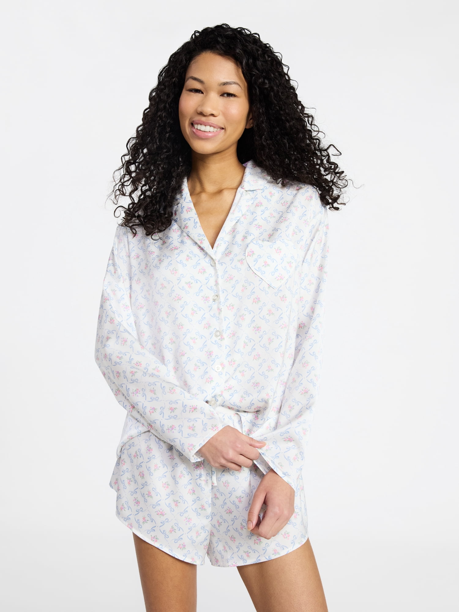 Sleepwear Satin Long Sleeve Button-Up Top and Shorts Set, 2-Piece, Women’s XS-XXL