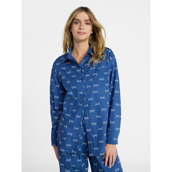 No Boundaries Sleepwear Woven Cotton Button-Down Shirt, Women's XS-XXL