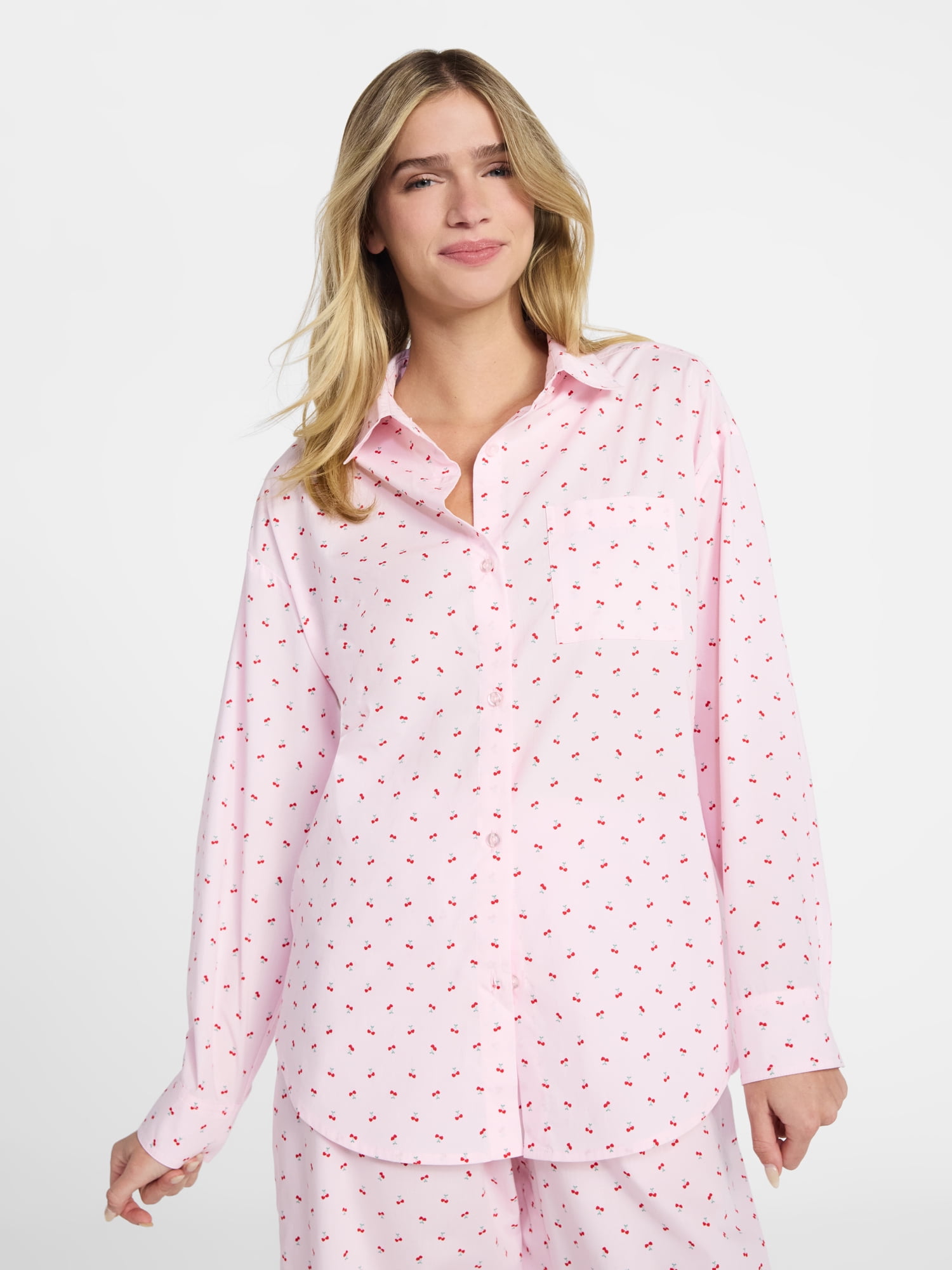 No Boundaries Sleepwear Woven Cotton Button-Down Shirt, Women's XS-XXL