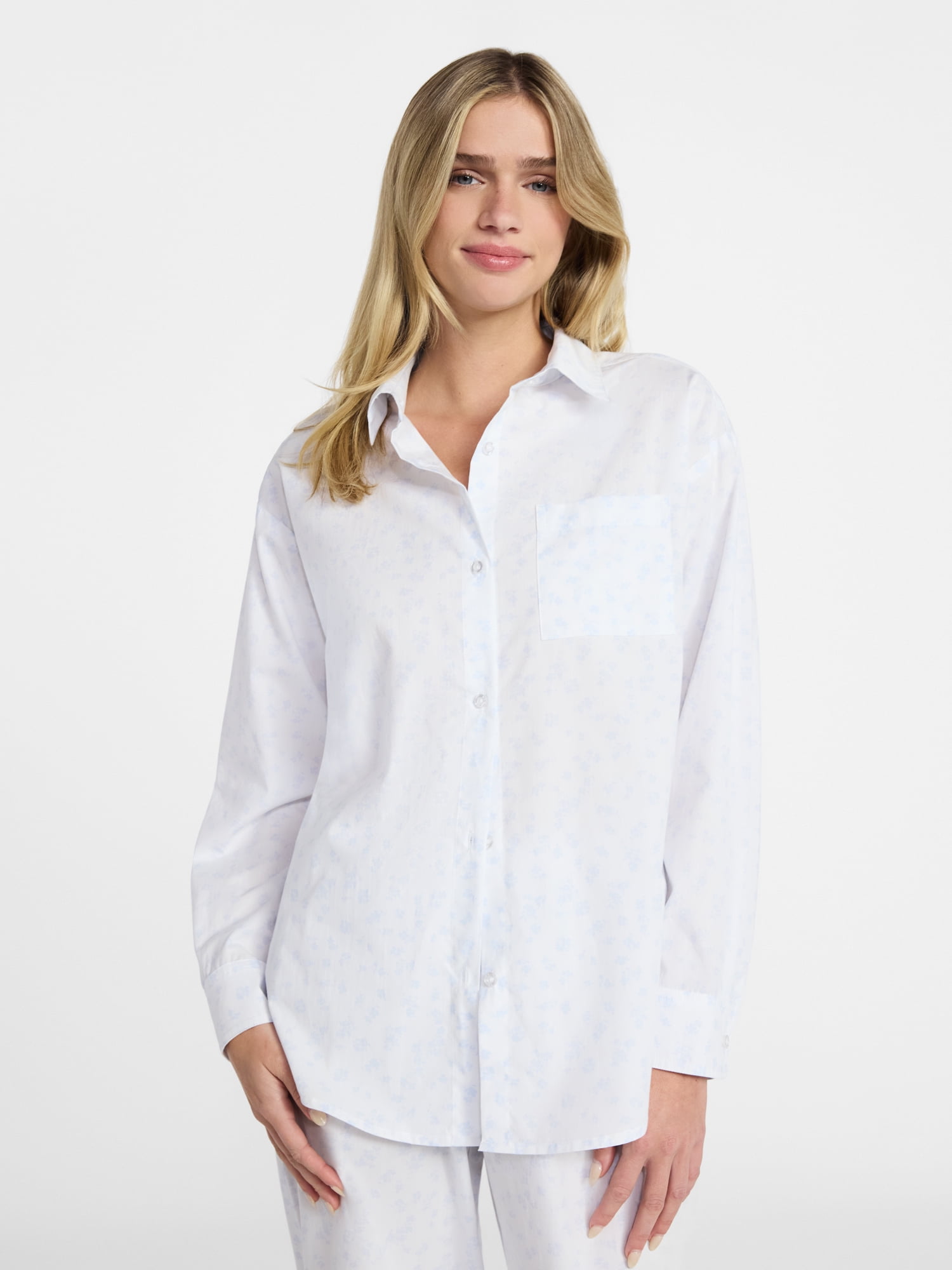 No Boundaries Sleepwear Woven Cotton Button-Down Shirt, Women's XS-XXL