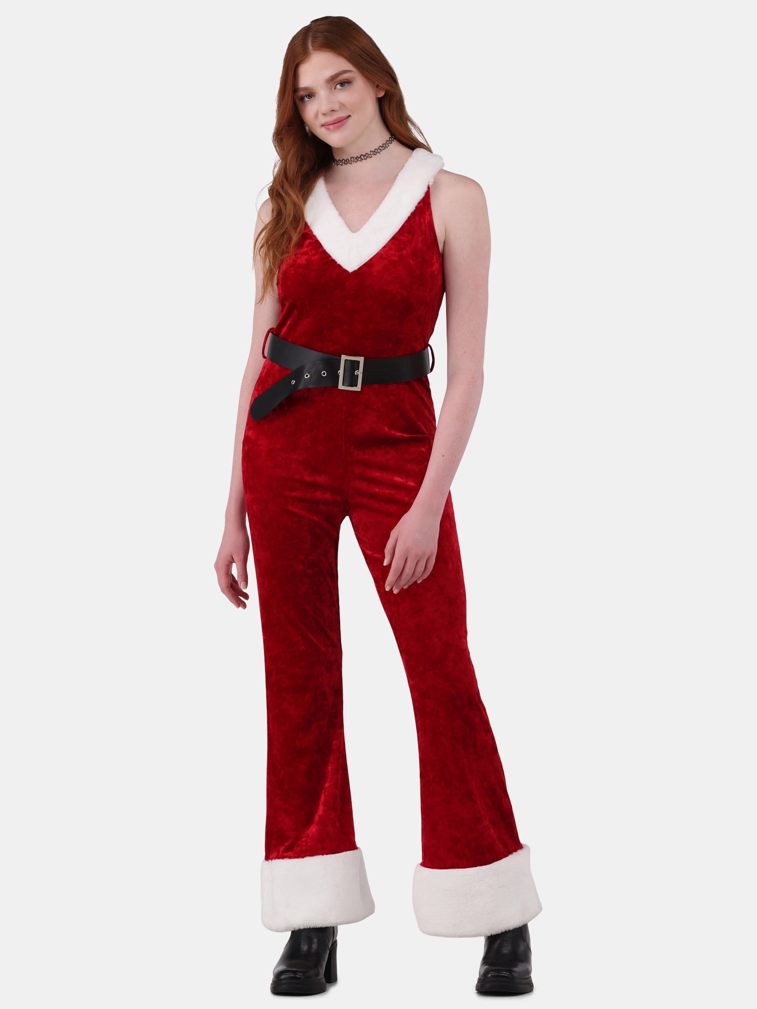 No Boundaries Sleeveless V-Neck Santa Jumpsuit, Women's