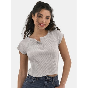 No Boundaries Snap Henley Tee with Short Sleeves, Women's