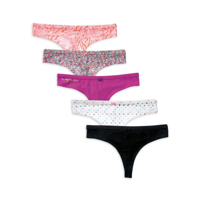 No Boundaries Solid Floral Polka Dot Cotton Liner Thong Panty (Women's) 5  Pack 