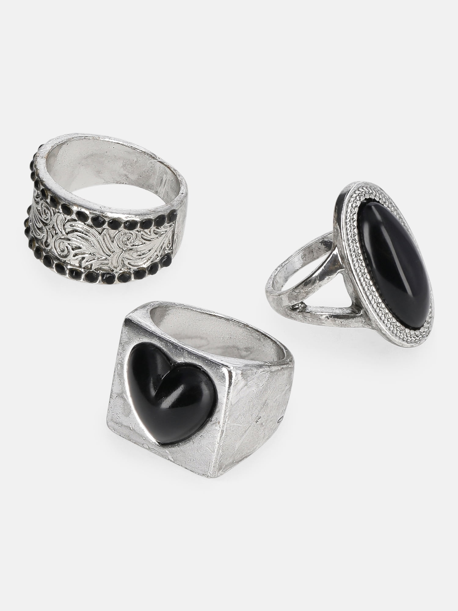 No Boundaries Black and Gold-Plated Stone and Heart Rings, 3-Pack, Women's