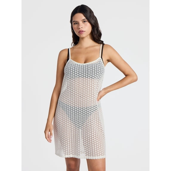 No Boundaries Women's Strap Crochet Dress Swim Coverup, Fresh Ivory