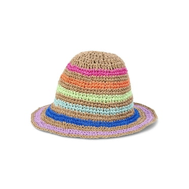 No Boundaries Straw Bucket Hat, Natural Rainbow Stripe, Women's