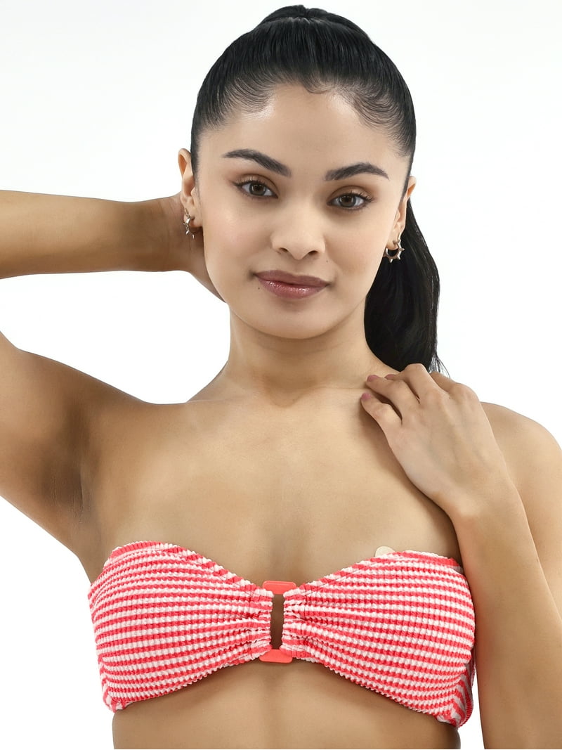 No Boundaries Women's Striped Crinkle Bandeau Swim Top Sizes XXS