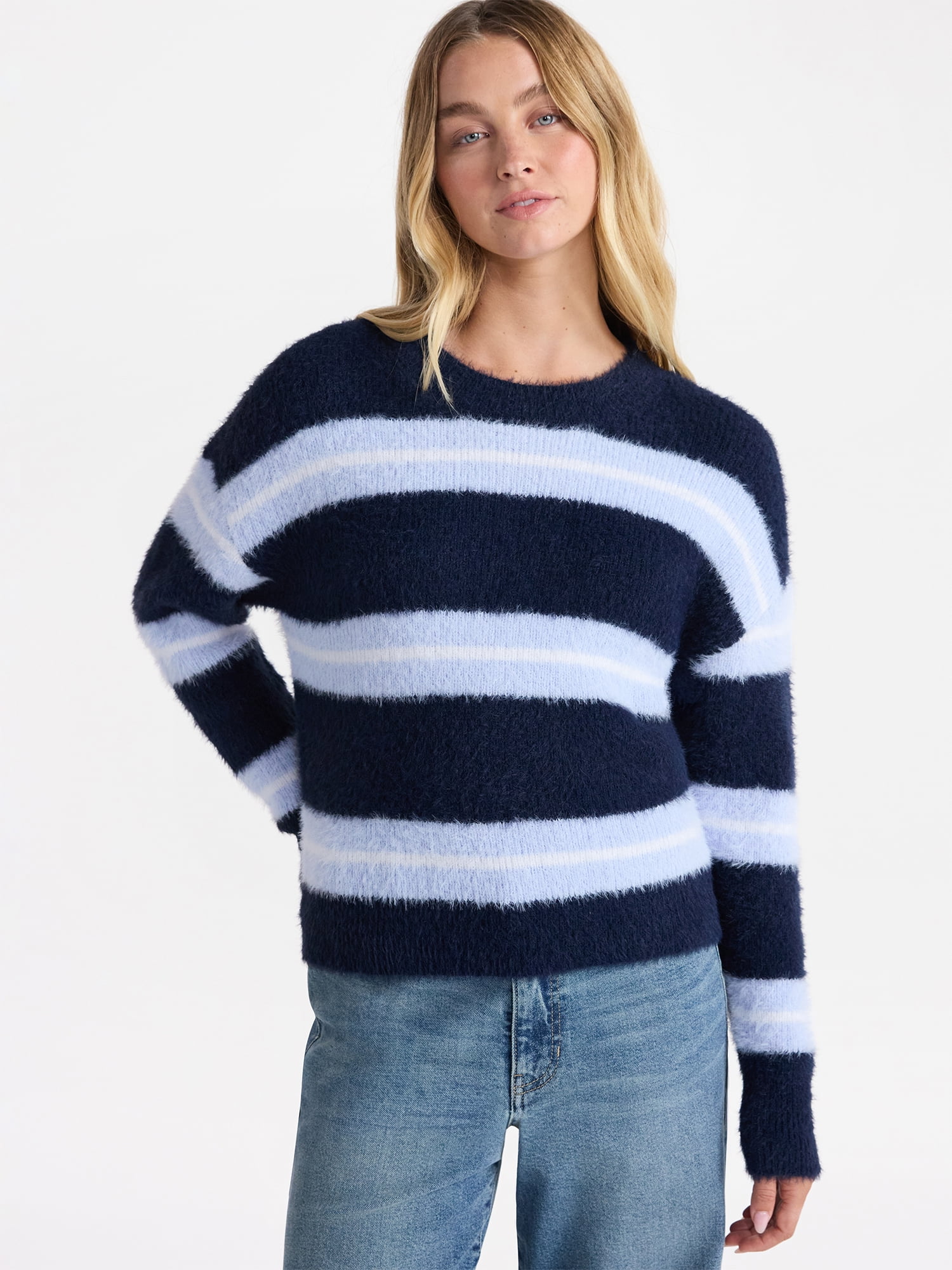 No Boundaries Striped Feather Sweater, Women's & Women's Plus