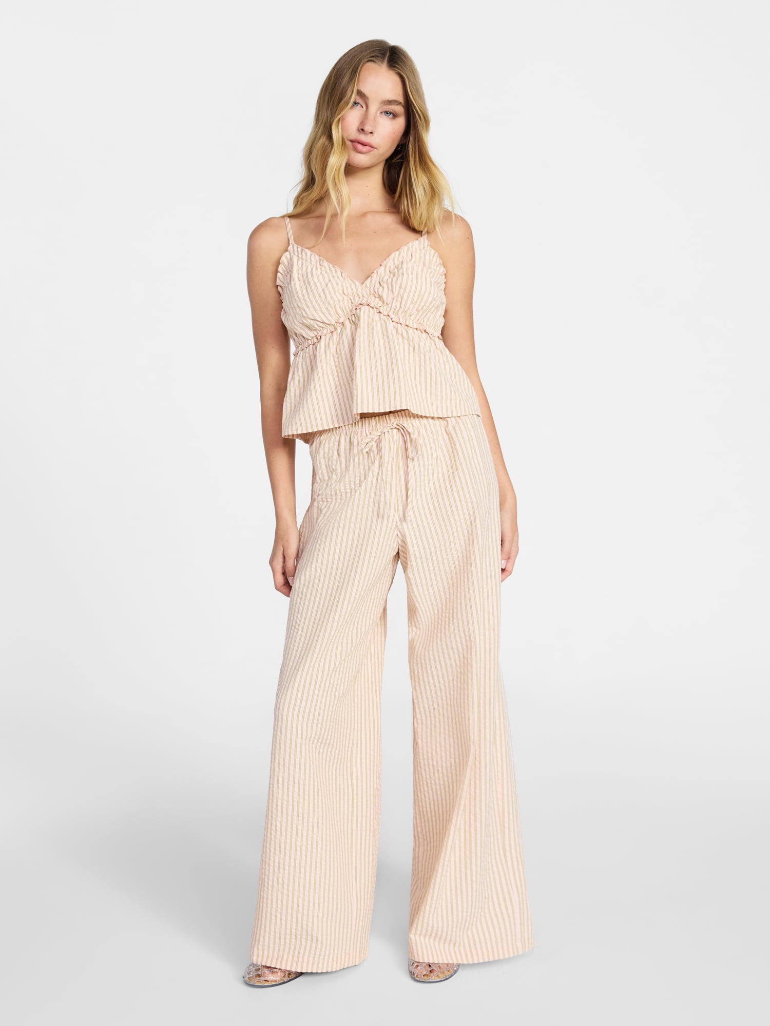 No Boundaries Striped Seersucker Ruffle Cami and Drawstring Pant Set 2 Piece Women s
