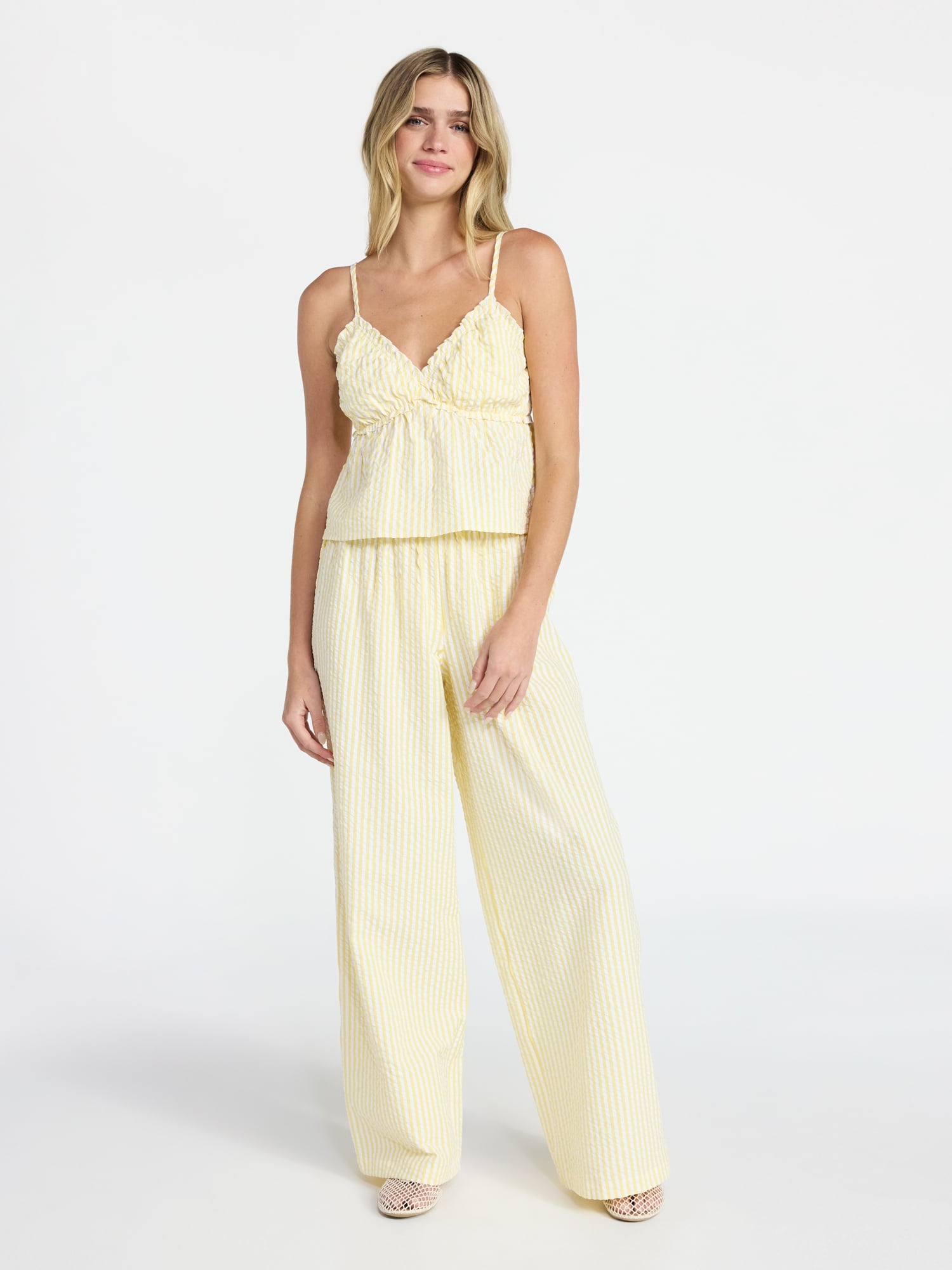 No Boundaries Striped Seersucker Ruffle Cami and Drawstring Pant Set 2 Piece Women s