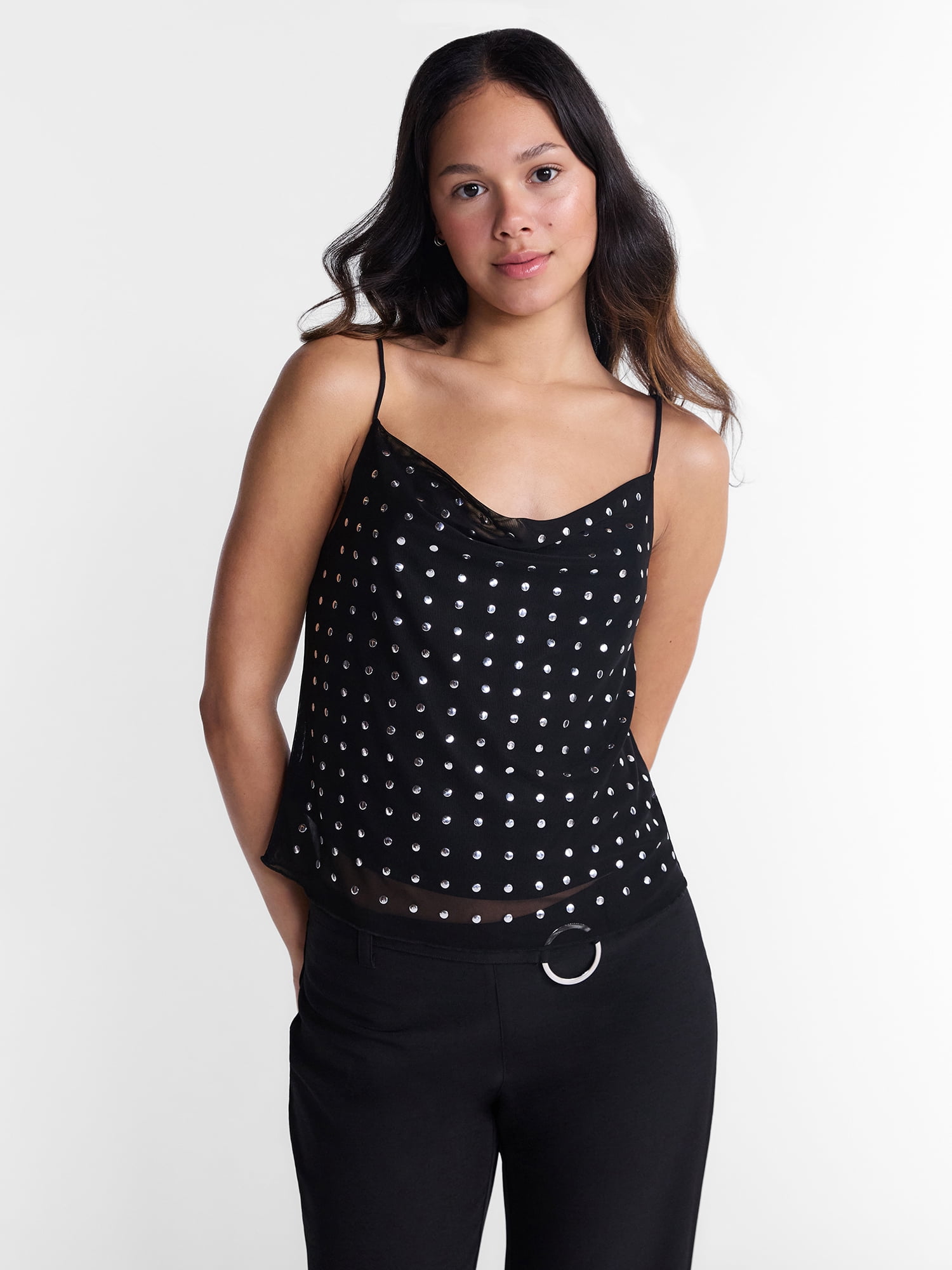 No Boundaries Studded Cowl Neck Cami, Women's XXS-XXL