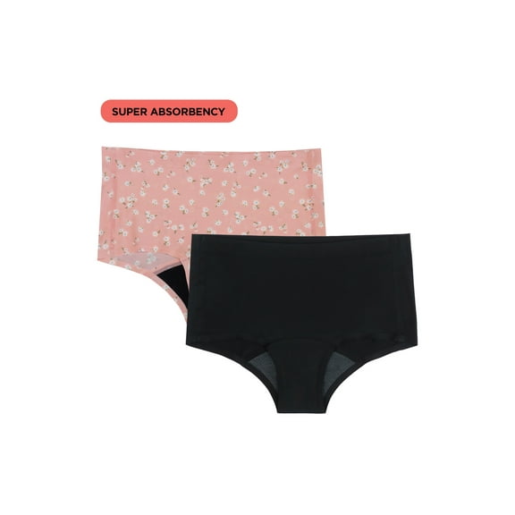 No Boundaries Boyshort Super Absorbency Period Underwear, 2-Pack, Women’s XS-XXL