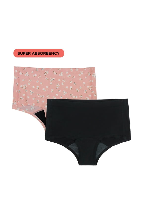 Boyshort Super Absorbency Period Underwear, 2-Pack, Women’s XS-XXL