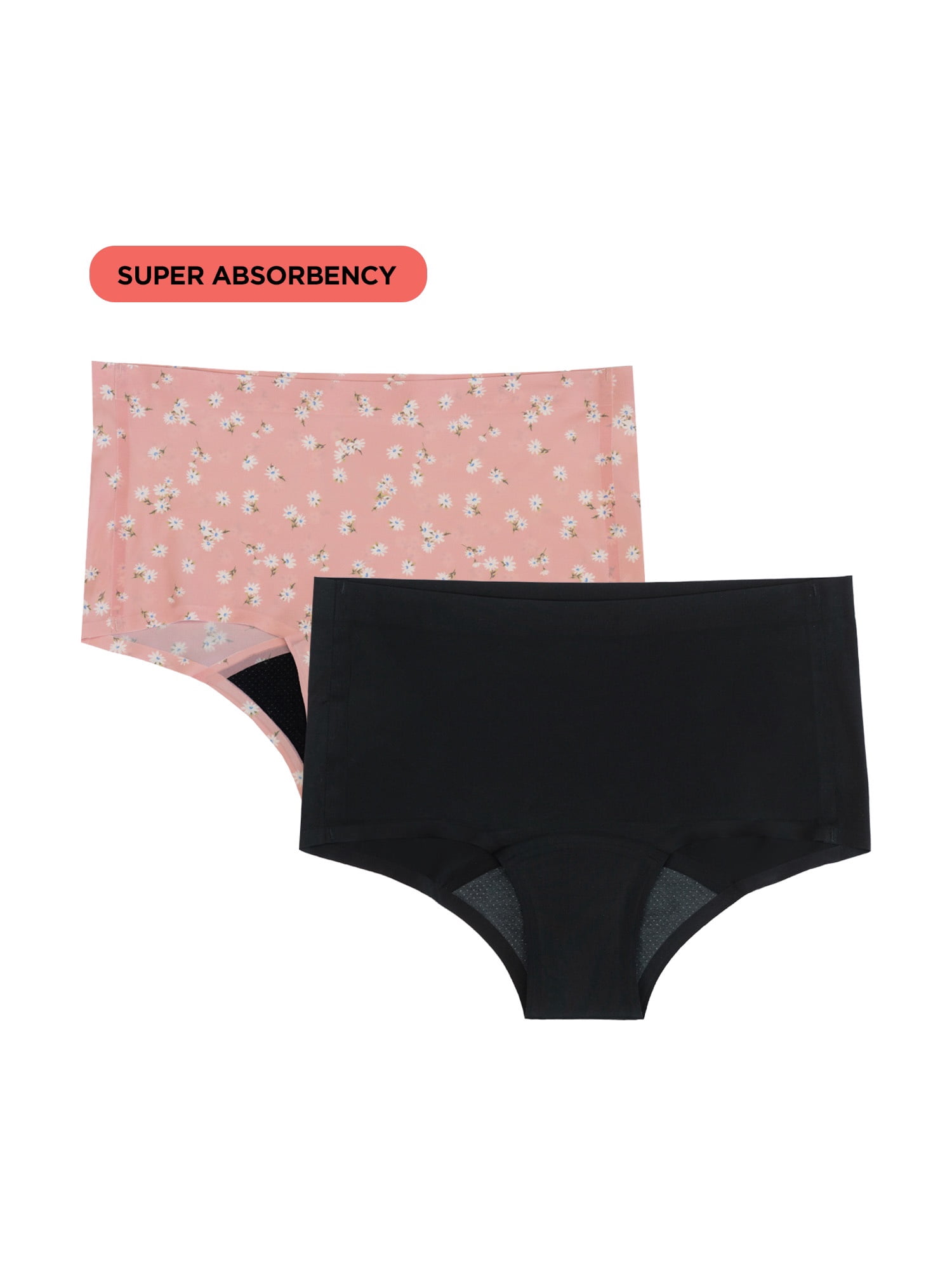 No Boundaries Boyshort Super Absorbency Period Underwear, 2-Pack, Women’s XS-XXL