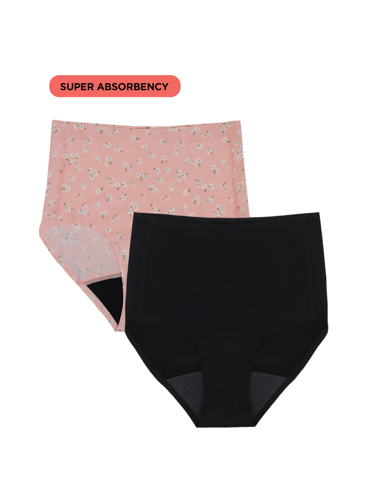 No Boundaries High-Rise Brief Super Absorbency Period Underwear, 2-Pack, Women’s XS-XXL