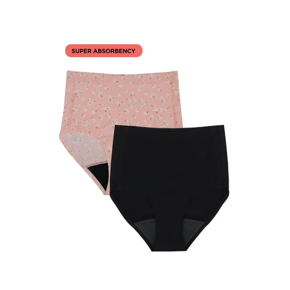No Boundaries High-Rise Brief Super Absorbency Period Underwear, 2-Pack, Women’s XS-XXL