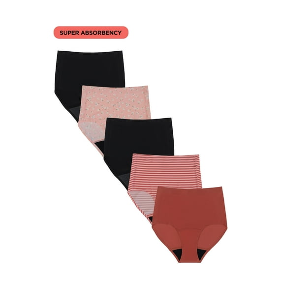 No Boundaries High-Rise Brief Super Absorbency Period Underwear, 5-Pack, Women’s Sizes S-XXL