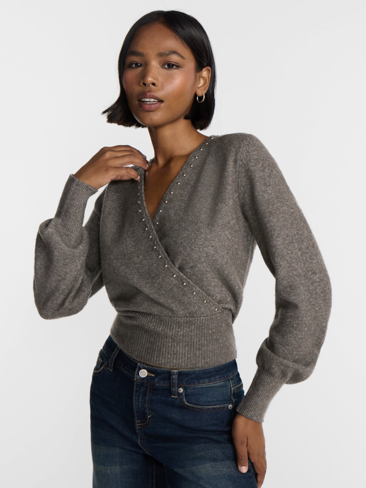 No Boundaries Surplice Pullover with Studs, Women’s XXS-XXL