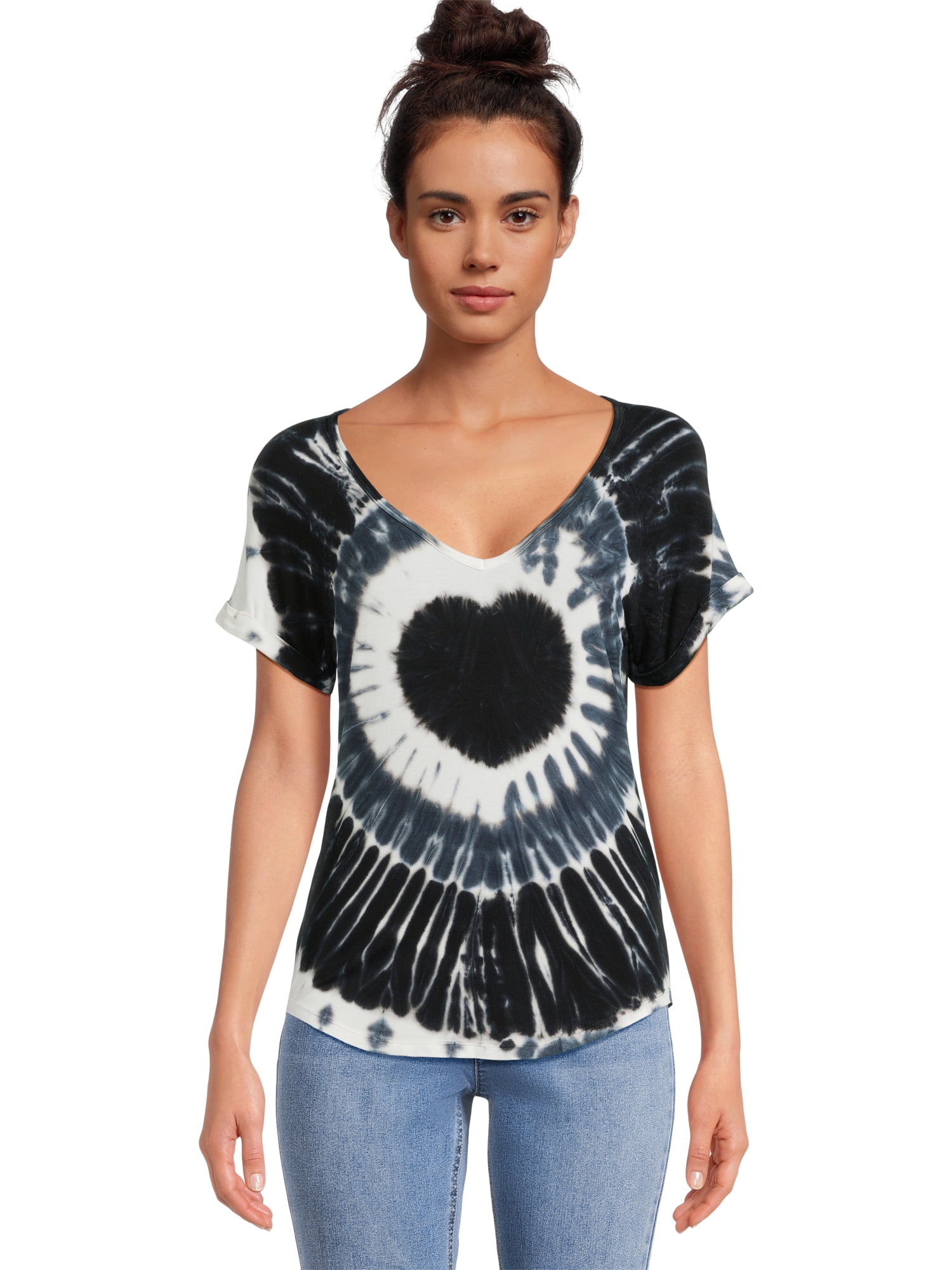 No Boundaries T-Shirt, Tie-Dye, 95% Rayon, 5% Spandex, Black Heart, (Female)