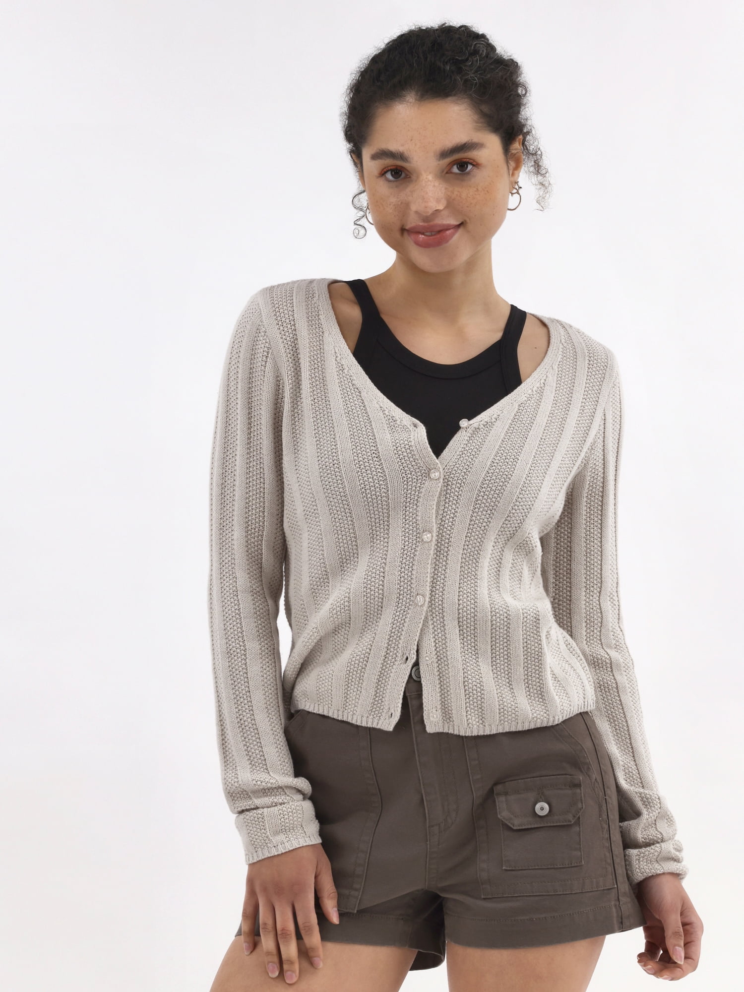 No Boundaries Textured Button Front Cardigan Sweater, Women's