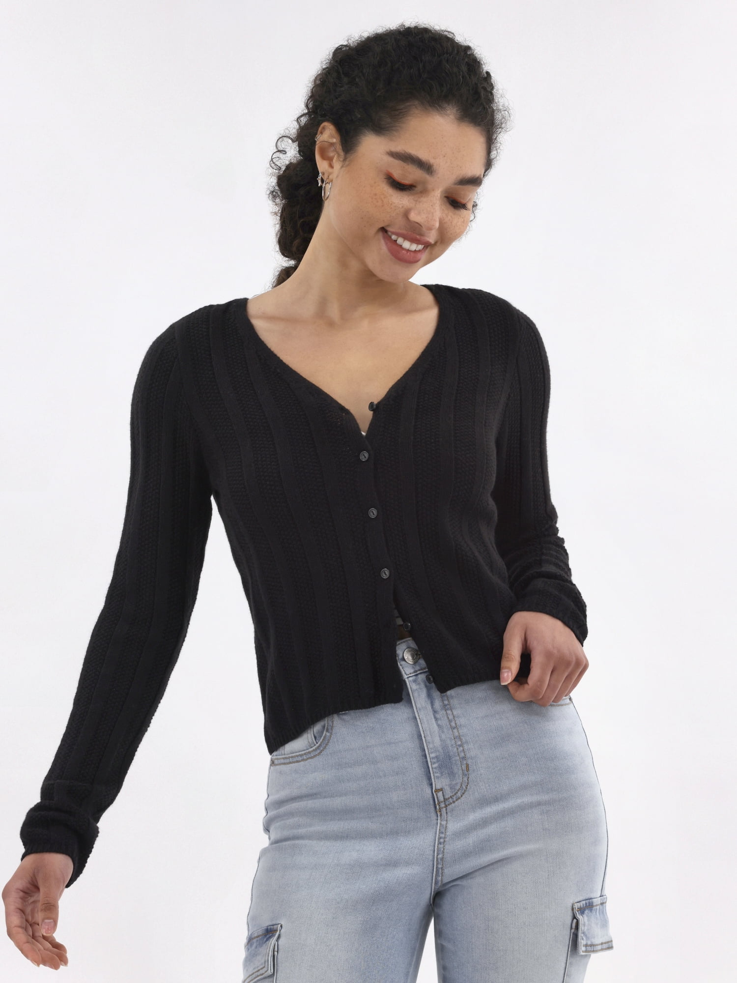 No Boundaries Textured Button Front Cardigan Sweater, Women's